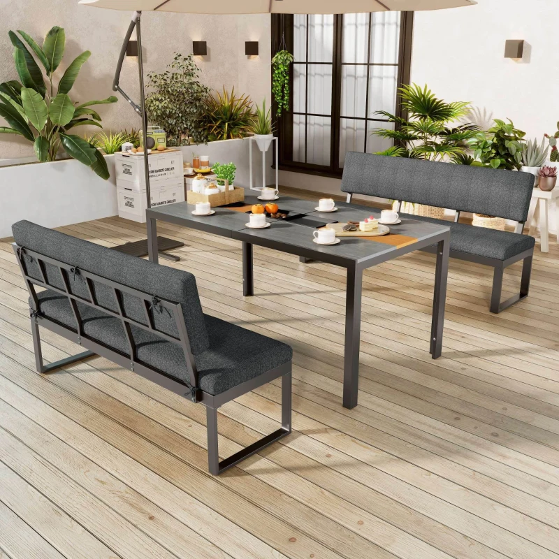 Ensemble de Jardin en Aluminium avec Table et 6 Chaises, Coussins Lavables et Table Effet Bois - Salon de Jardin 6 Places en Aluminium, Gris