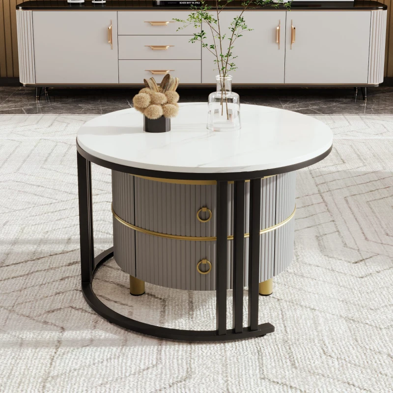 Ensemble de Tables Basses Gigognes avec Plateau en Marbre Blanc et Finition Brillante, 2 Tiroirs, pour Salon, Gris