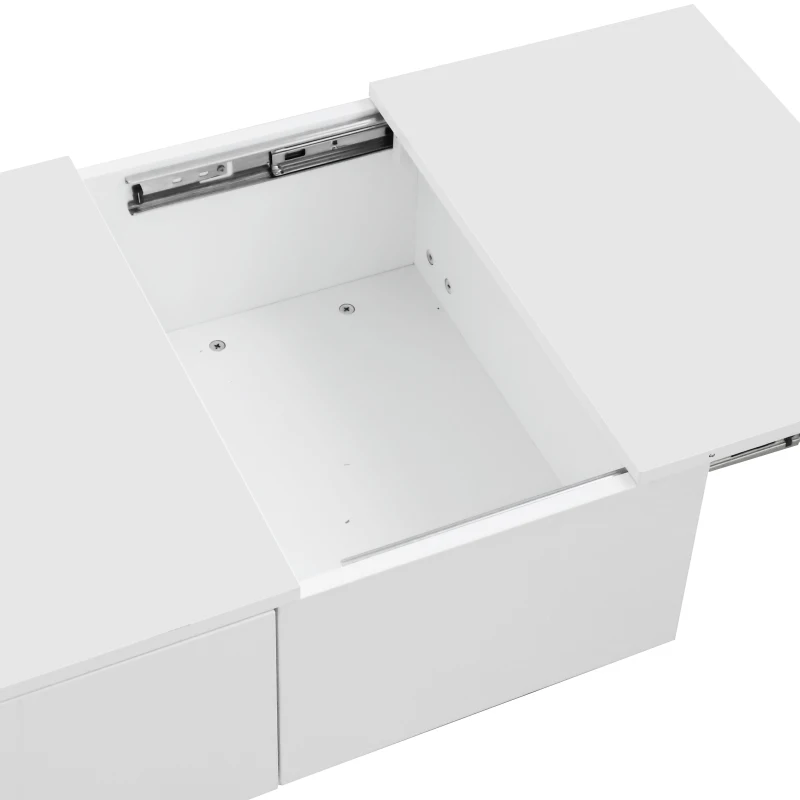 Table basse relevable blanc brillant avec structure de rangement pousser-tirer et double tiroir, Blanc(m-5)