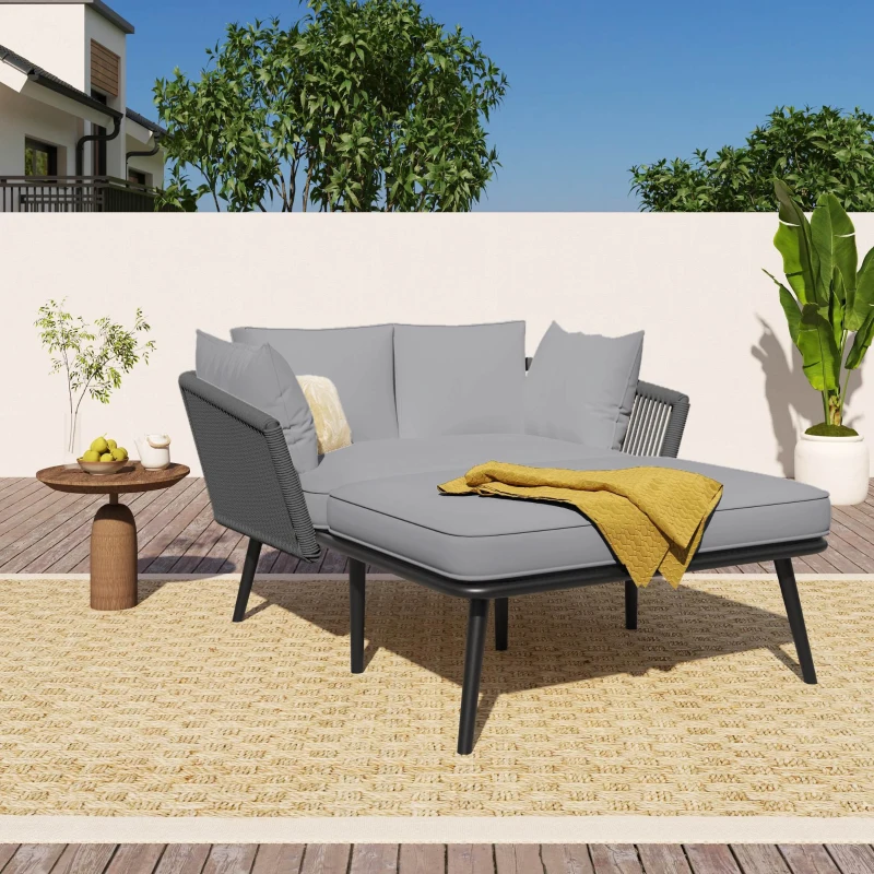 Ensemble salon de jardin modulable avec canapé, 2 fauteuils et chaise longue d'extérieur, coussins amovibles et lavables, Gris
