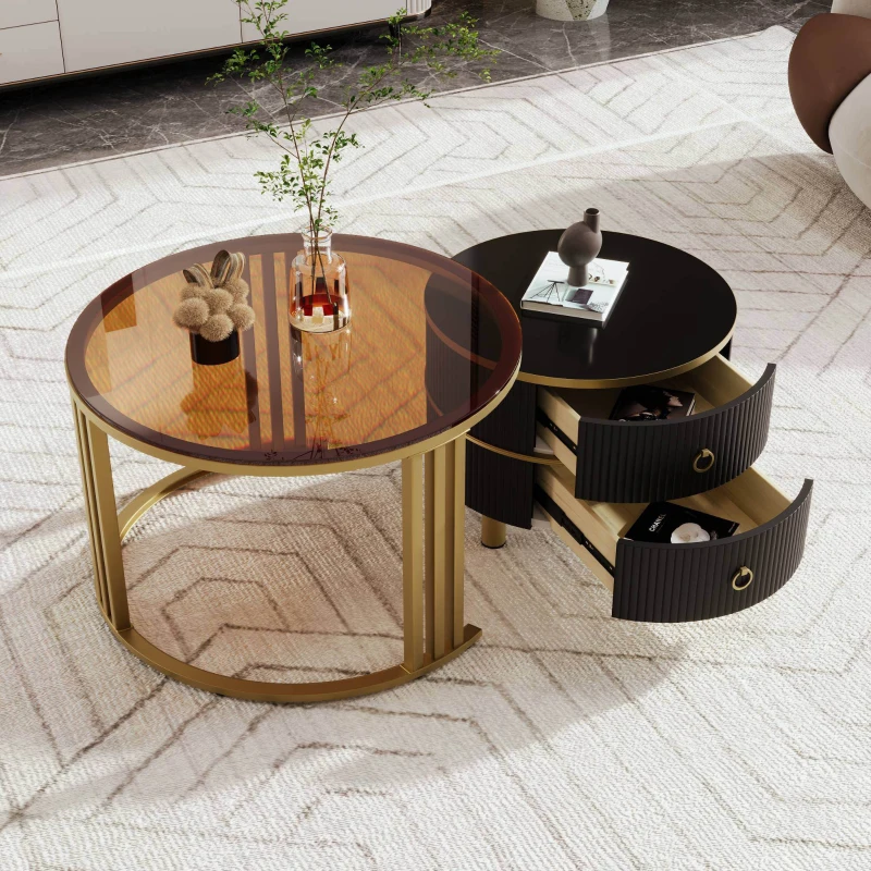 Table basse gigogne 2-en-1 en MDF avec plateau brillant et en verre trempé, combinaison pour salon avec 2 tiroirs, 70x70x45 + 50x50x40 cm, Noir