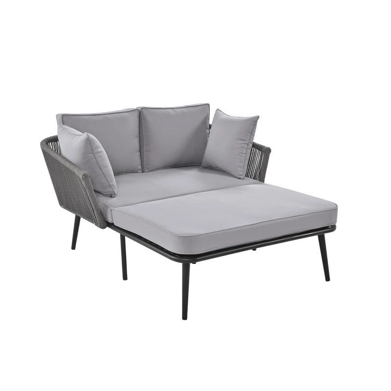 Ensemble salon de jardin modulable avec canapé, 2 fauteuils et chaise longue d'extérieur, coussins amovibles et lavables, Gris