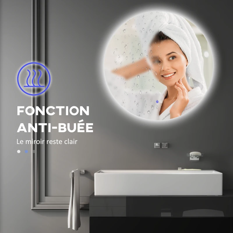 kleankin Miroir rond lumineux LED de salle de bain Ø 70 cm mural avec éclairage interrupteur tactile système antibuée  35 W gris