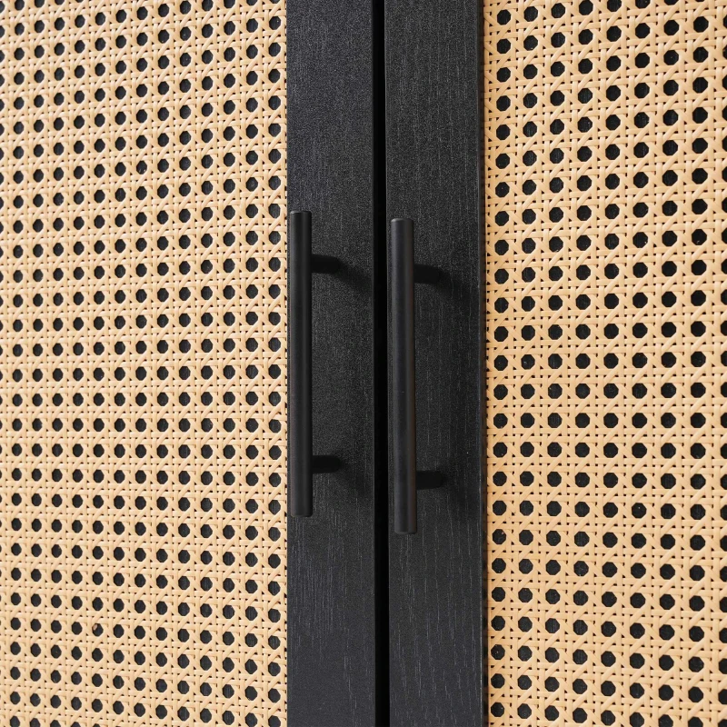 Crédence avec Portes en Verre de Rotin et Porte Semi-Ronde, Meuble de Cuisine, 160x40x80 cm, Noir