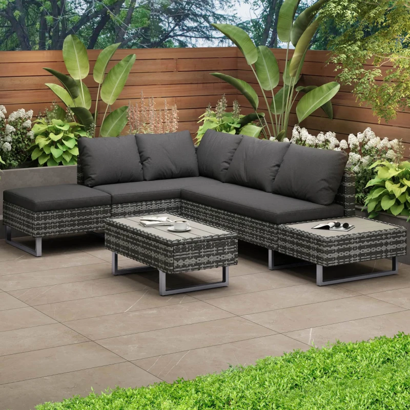 Ensemble de Salon de Jardin en Poly-Rotin pour 4-5 Personnes avec Canapé d'Angle, Table et Coussins, Revêtements Lavables, Gris