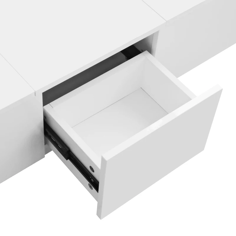 Table basse relevable blanc brillant avec structure de rangement pousser-tirer et double tiroir, Blanc(m-6)