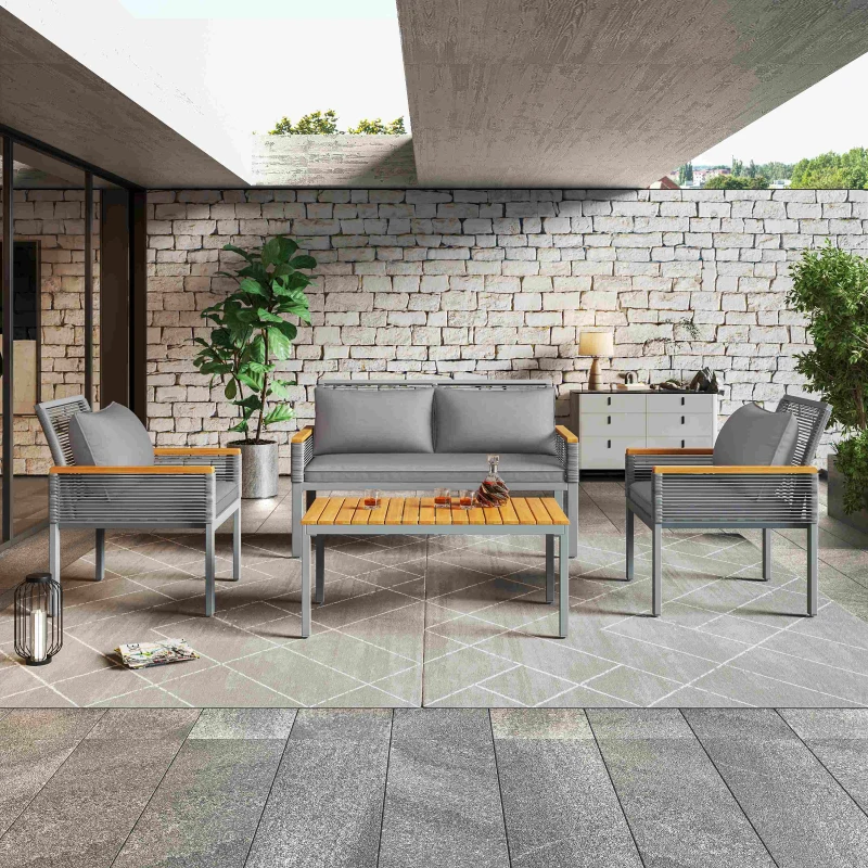 Ensemble de Salon de Jardin en Rotin avec Coussins Confortables : Canapé Double, 2 Fauteuils et Table d'Angle pour Extérieur, Gris