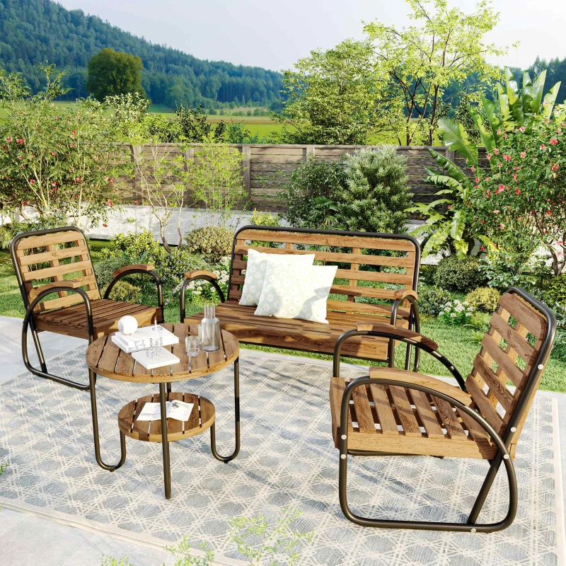 Ensemble de Salon de Jardin 4 Places en Acier Galvanisé et Bois d'Acacia, Canapé, 2 Chaises et Table, Naturel+gris