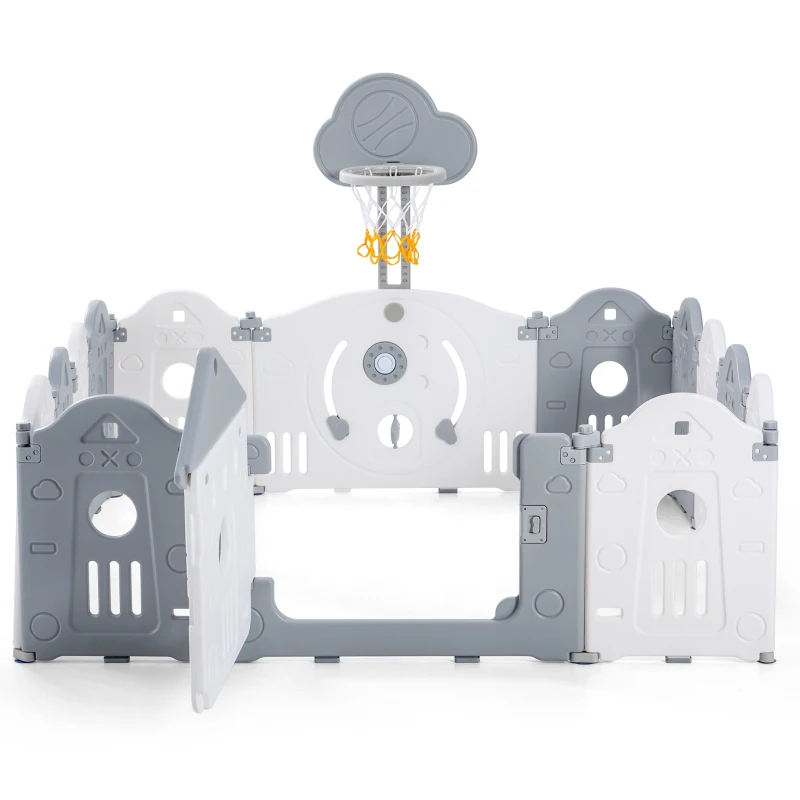 Parc pour enfants 160x160x77 cm, 14 panneaux, barrière de sécurité en plastique avec porte, panneau de jouets, panier de basket, balançoire, Gris