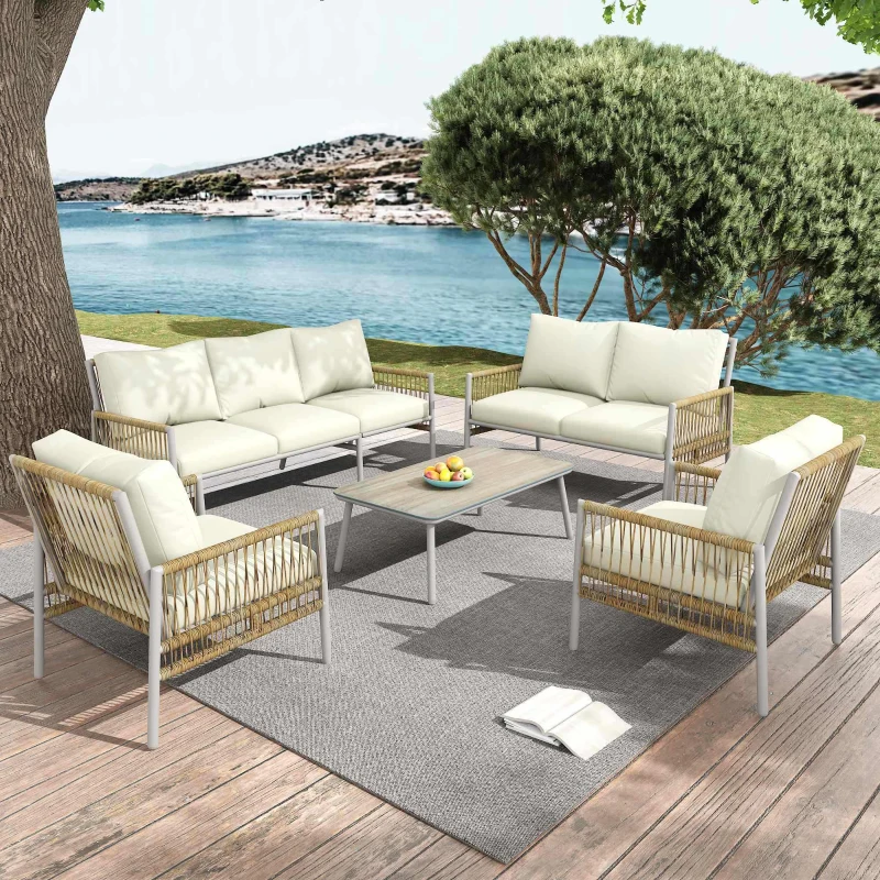 Set mobilier de grădină 7 locuri din PE-ratan și oțel zincat, măsuță cu blat din sticlă temperată cu efect lemn, perne lavabile, Bej