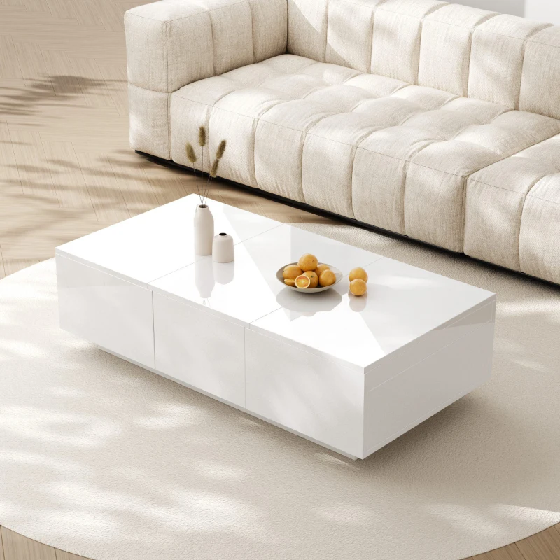 Table basse relevable blanc brillant avec structure de rangement pousser-tirer et double tiroir, Blanc(m-7)