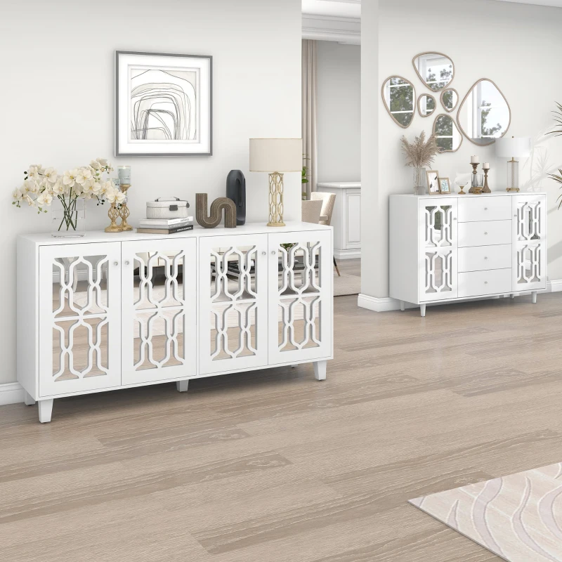 Crédence miroitée avec Poignées en Cristal, Design Coordonné, Verre Intégré, Montage Facile - MDF, 147,5 x 40 x 102 cm, Blanc