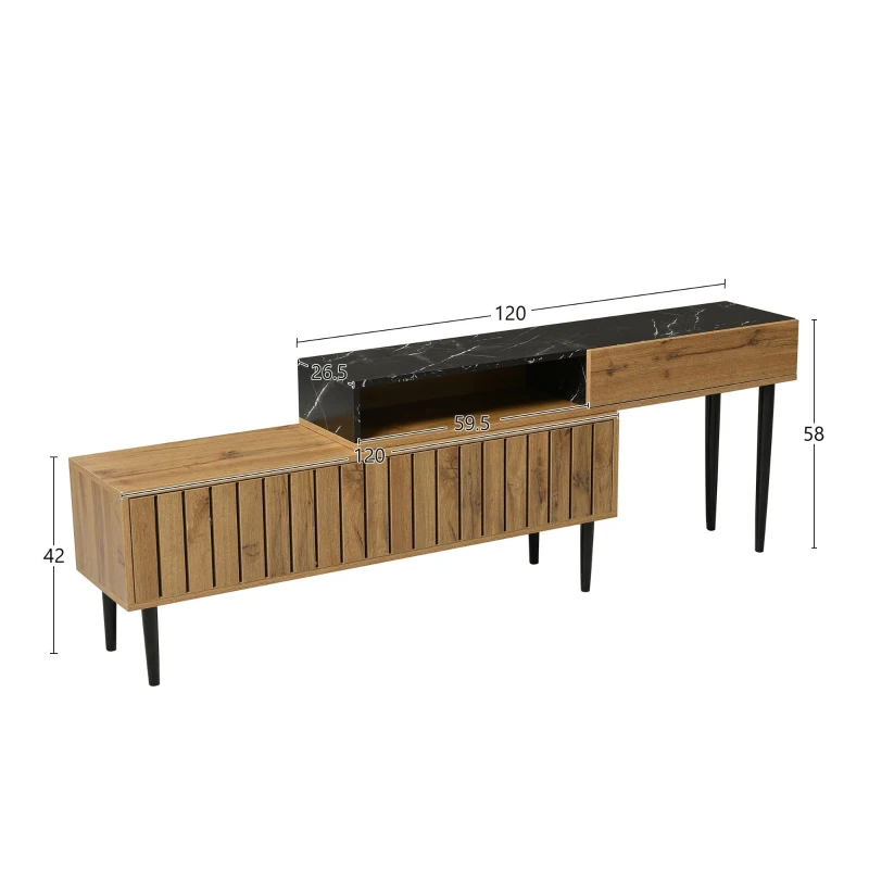Meuble TV moderne mobile avec design en marbre et veinure de bois, bordure en PVC, Bois Naturel