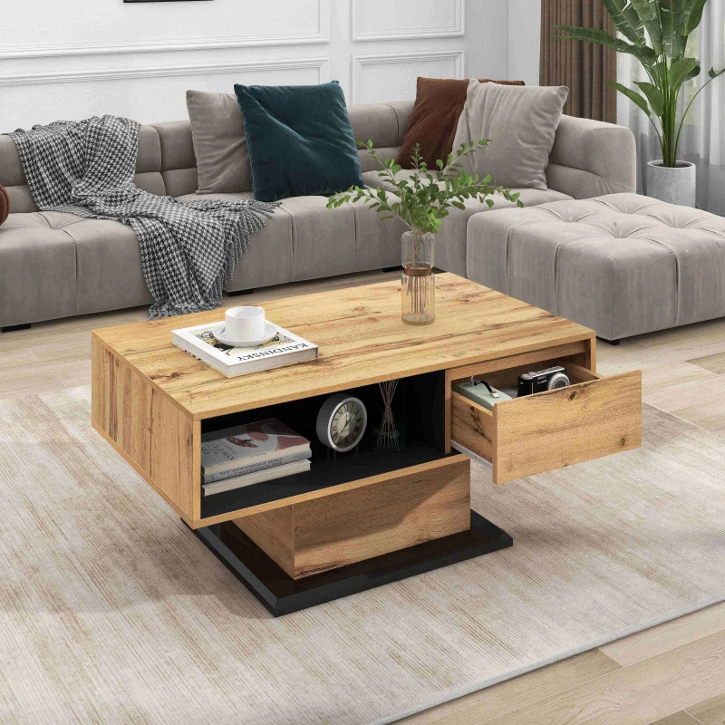 Table basse en chêne veiné avec tiroir sans poignées et rangement double face, relevable pour bureau et salon, gris foncé