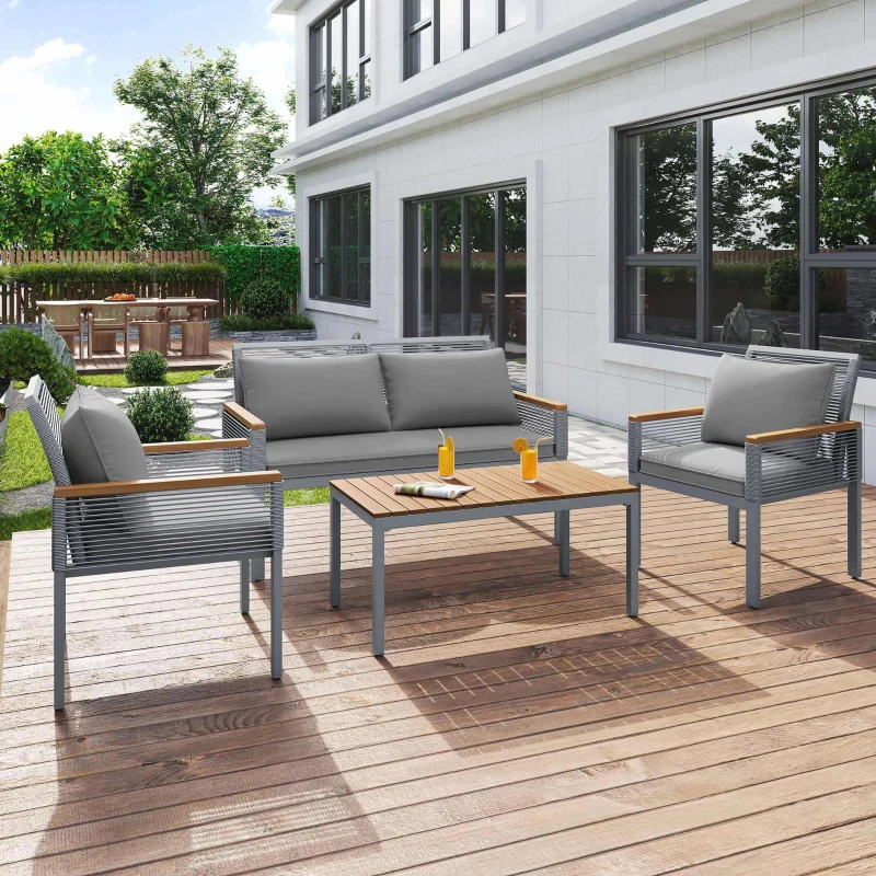 Ensemble de Salon de Jardin en Rotin avec Coussins Confortables : Canapé Double, 2 Fauteuils et Table d'Angle pour Extérieur, Gris