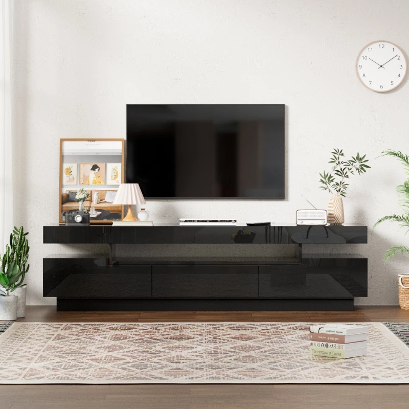 Meuble TV mobile à roulettes avec finition brillante et bande LED noire, Noir