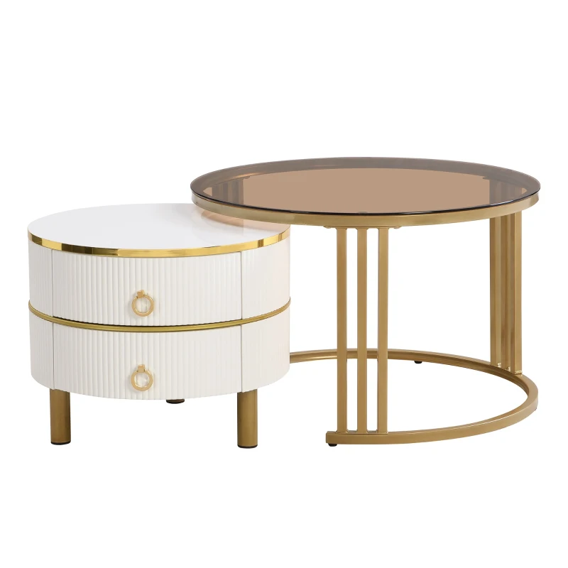 Table basse gigogne 2-en-1 en MDF avec plateaux en verre trempé et 2 tiroirs pour salon, Blanc