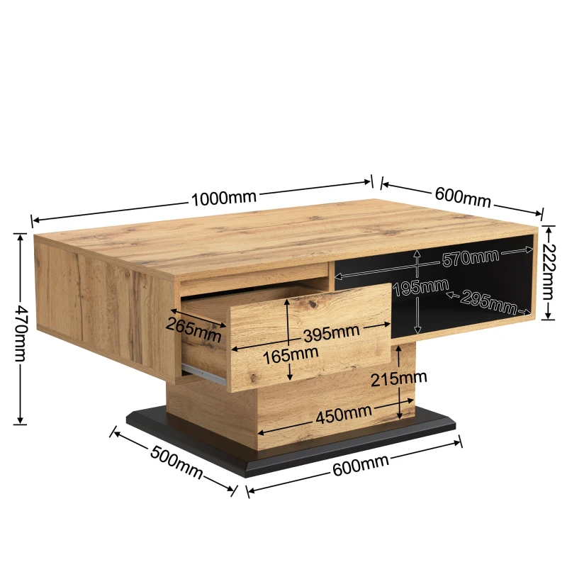 Table basse en chêne veiné avec tiroir sans poignées et rangement double face, relevable pour bureau et salon, gris foncé