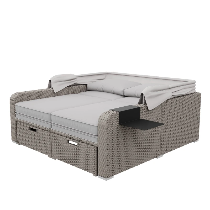 Set canapea de grădină din polyrattan pentru 2 persoane, canapea lounge cu structură din oțel și perne, Khaki