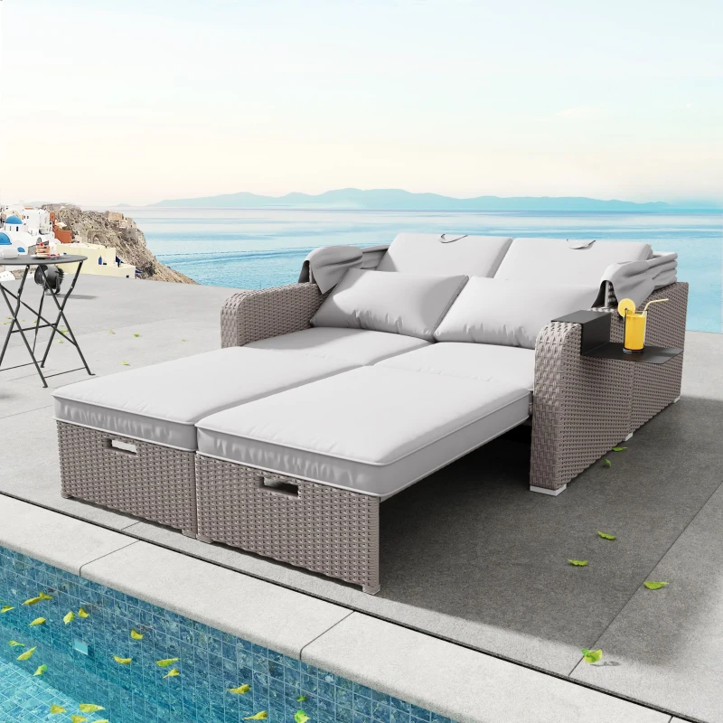 Set canapea de grădină din polyrattan pentru 2 persoane, canapea lounge cu structură din oțel și perne, Khaki