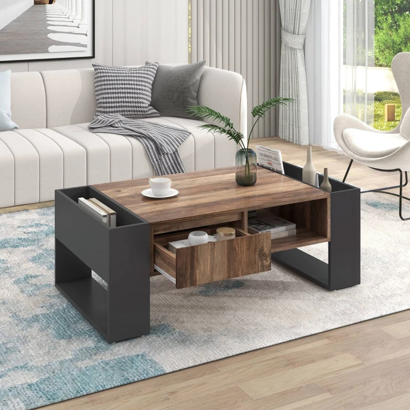Table basse à grain de bois, Table de salon avec tiroirs, Grands treillis de rangement des deux côtés, Style industriel, Noir+Naturel(m-6)