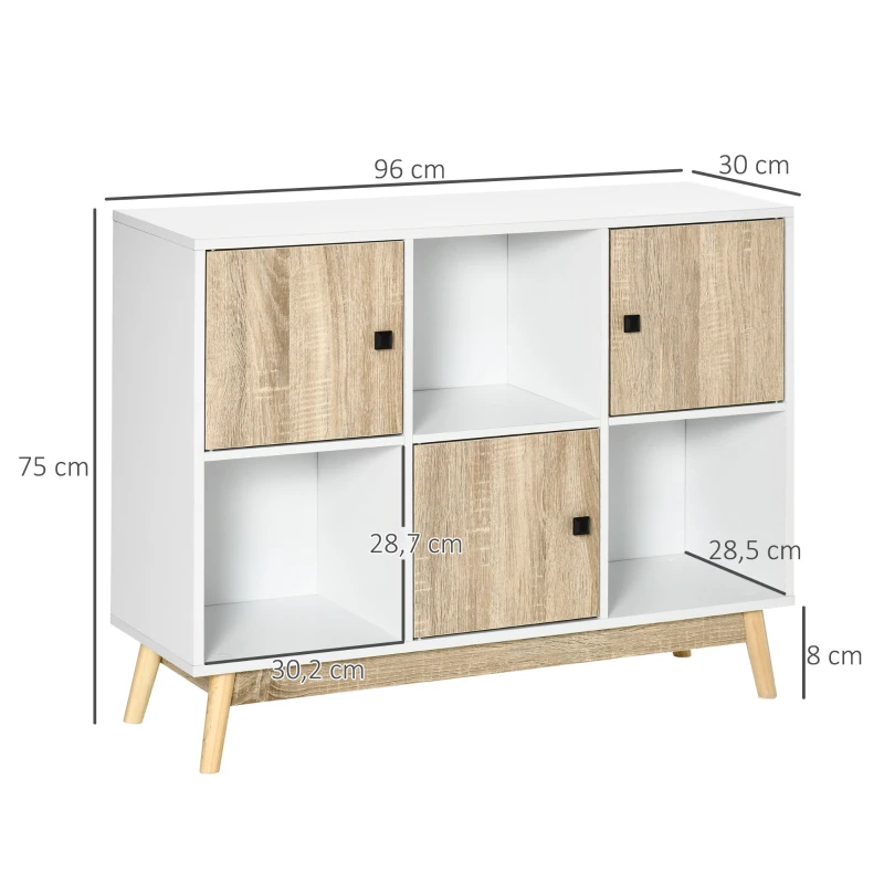HOMCOM Buffet salon, meuble de rangement 9 cubes avec 3 portes et 3 compartiments ouverts, pieds en bois de pin, style moderne, buffet salle à manger, cuisine et salon, 96 x 30 x 75 cm, blanc, naturel