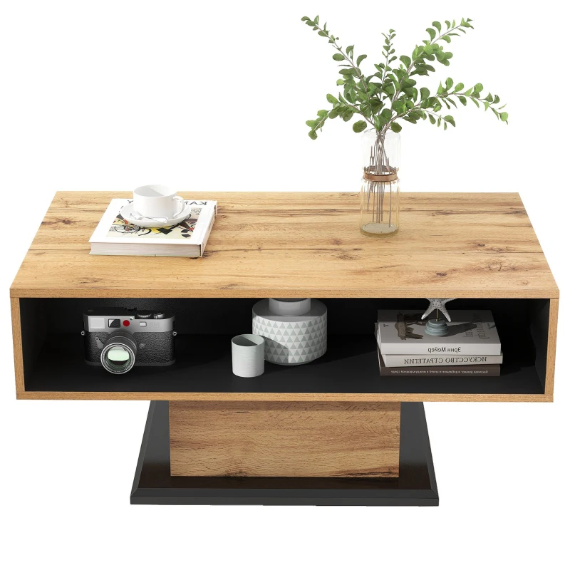 Table basse en chêne veiné avec tiroir sans poignées et rangement double face, relevable pour bureau et salon, gris foncé