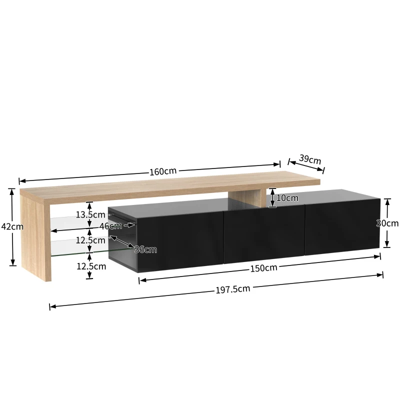 Meuble TV moderne design scandinave avec grand espace de rangement, effet bois, étagères en verre, éclairage LED, Naturel+Noir(m-3)