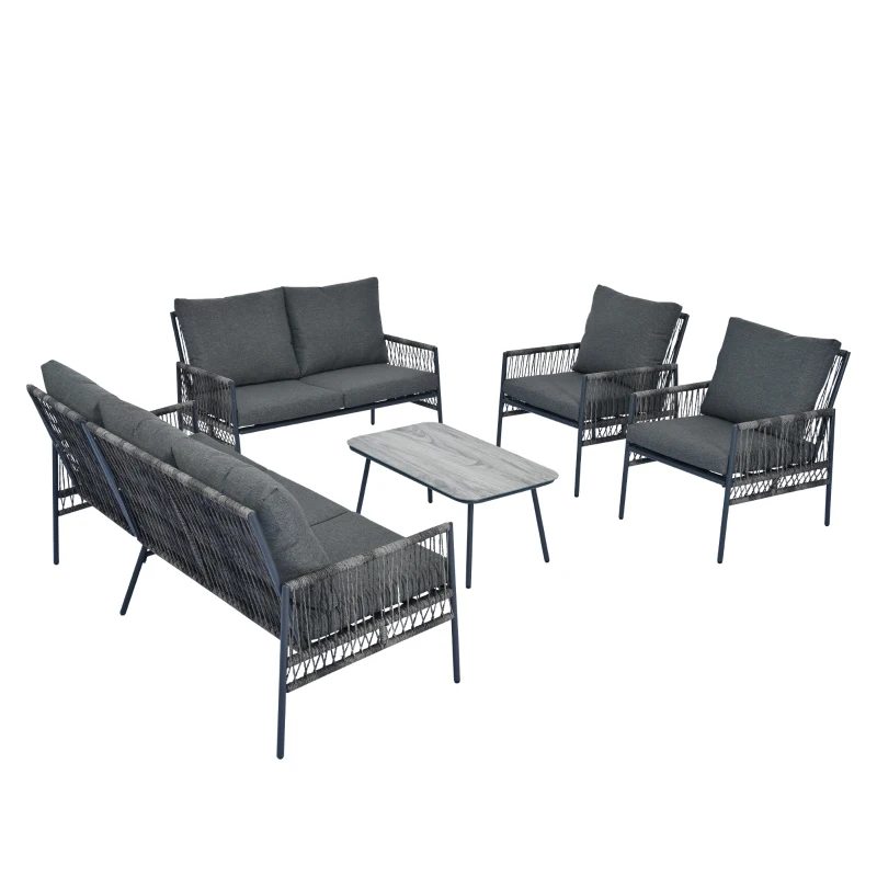 Set mobilier de grădină 7 locuri din PE-ratan și oțel zincat, măsuță cu blat din sticlă temperată cu efect lemn, perne lavabile, Gri