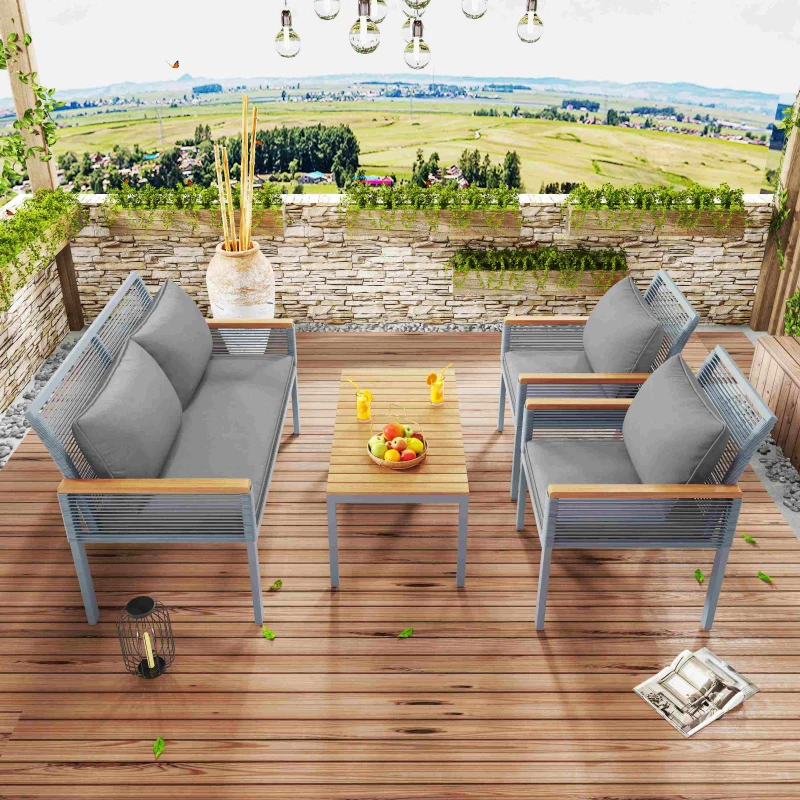 Ensemble de Salon de Jardin en Rotin avec Coussins Confortables : Canapé Double, 2 Fauteuils et Table d'Angle pour Extérieur, Gris