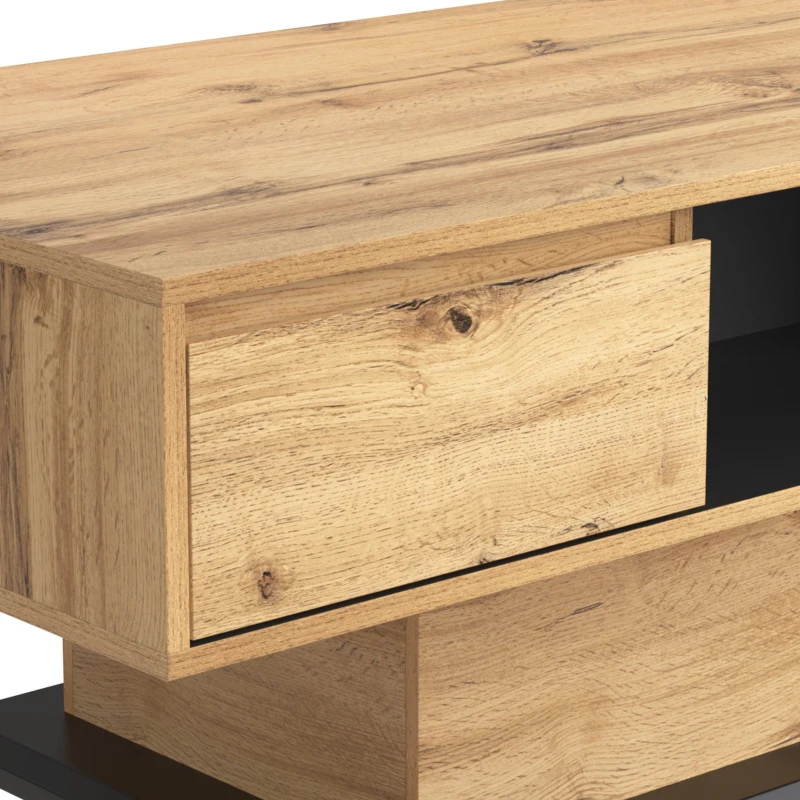 Table basse en chêne veiné avec tiroir sans poignées et rangement double face, relevable pour bureau et salon, gris foncé