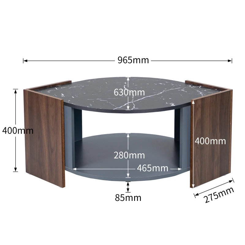 Table basse en marbre et noyer avec des lignes uniques, design élégant, en solde, Noir et bois