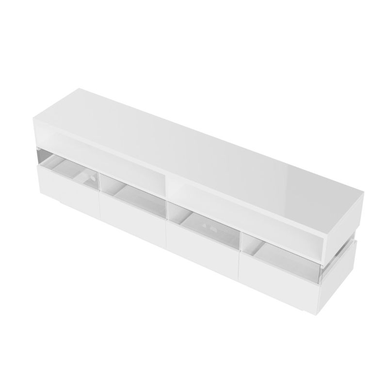 Meuble TV moderne scandinave avec éclairage LED, deux étagères et quatre tiroirs, finition brillante, Blanc