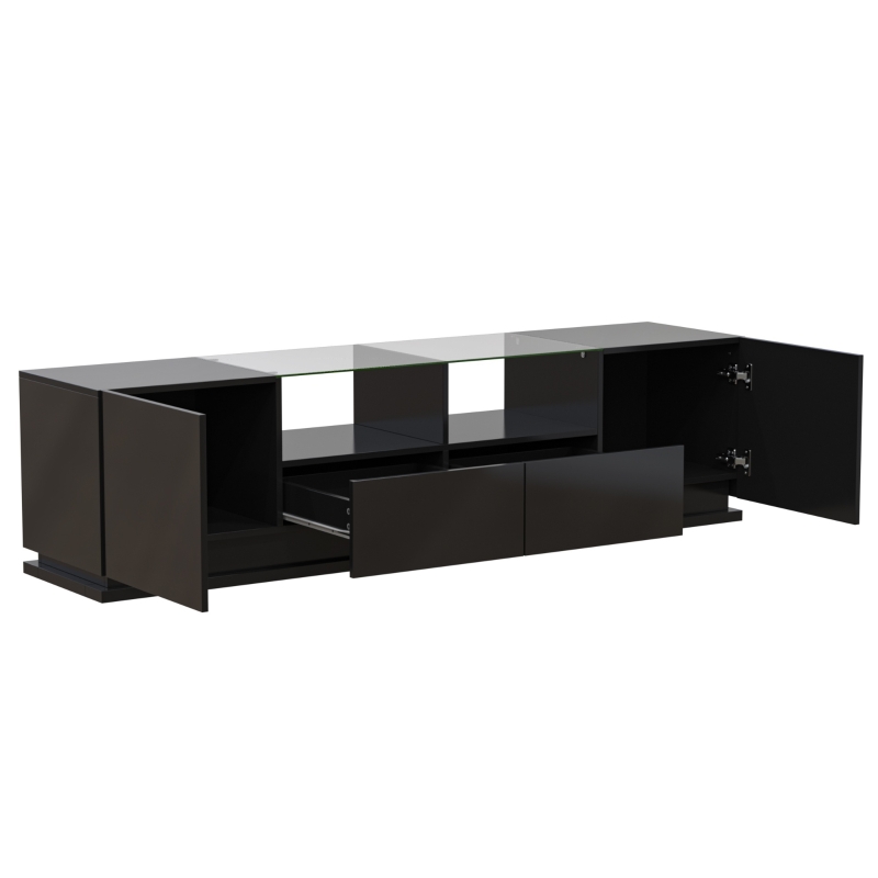 Meuble TV Brillant avec étagères en verre, 2 tiroirs, 2 portes & effets lumineux LED, Planche basse 165x38x43 cm, Noir