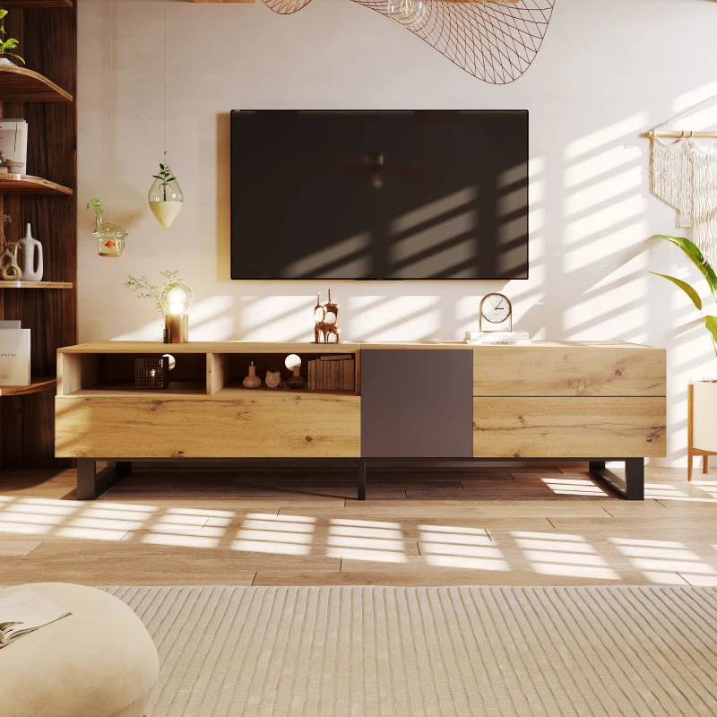 Meuble TV moderne scandinave avec veinures de bois et surface brillante, chêne + anthracite, Noir