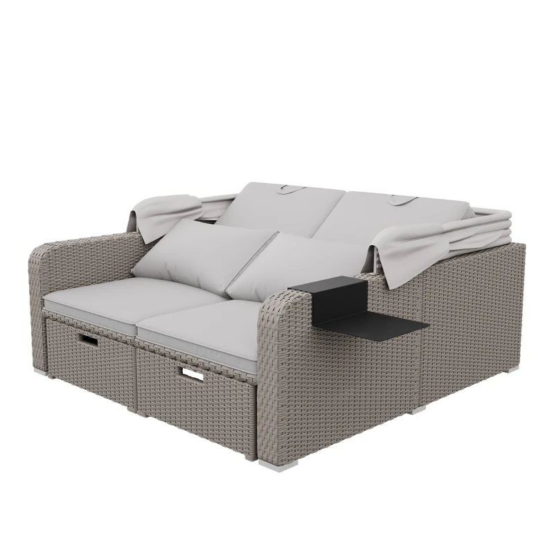 Set canapea de grădină din polyrattan pentru 2 persoane, canapea lounge cu structură din oțel și perne, Khaki