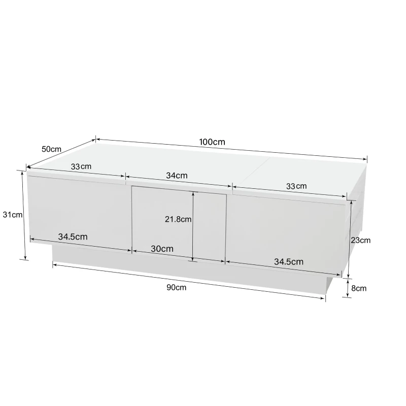 Table basse relevable blanc brillant avec structure de rangement pousser-tirer et double tiroir, Blanc(m-3)