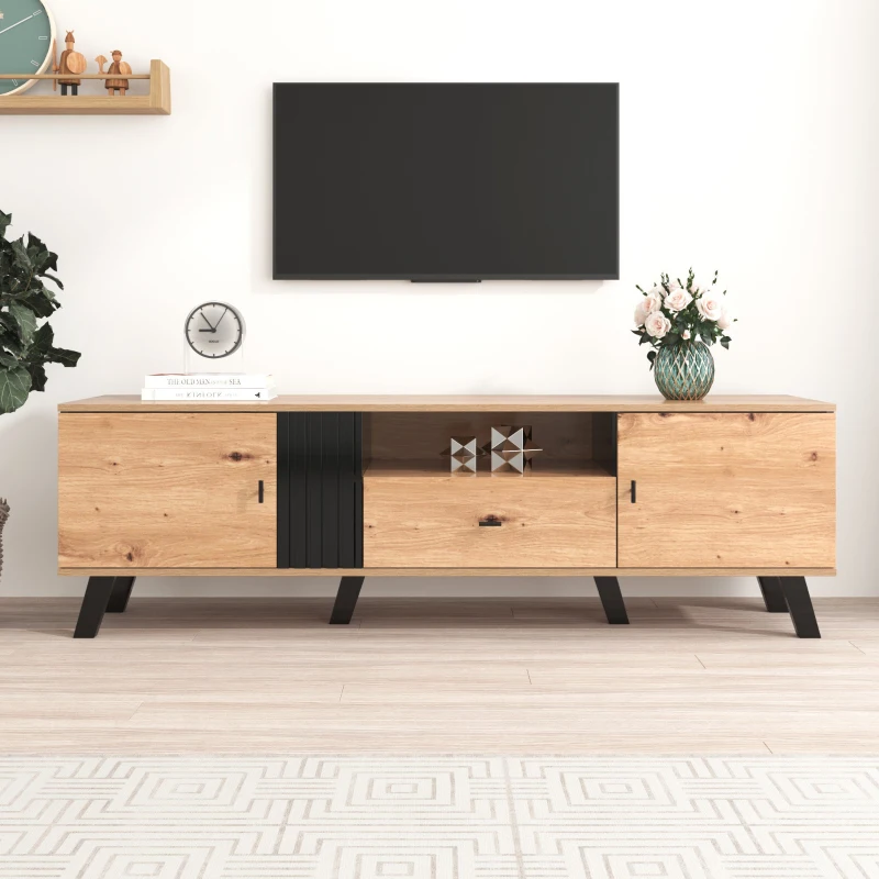 Meuble TV mobile de 170 cm en bois, buffet avec tiroirs, espace de rangement, design exclusif, à roulettes, Naturel