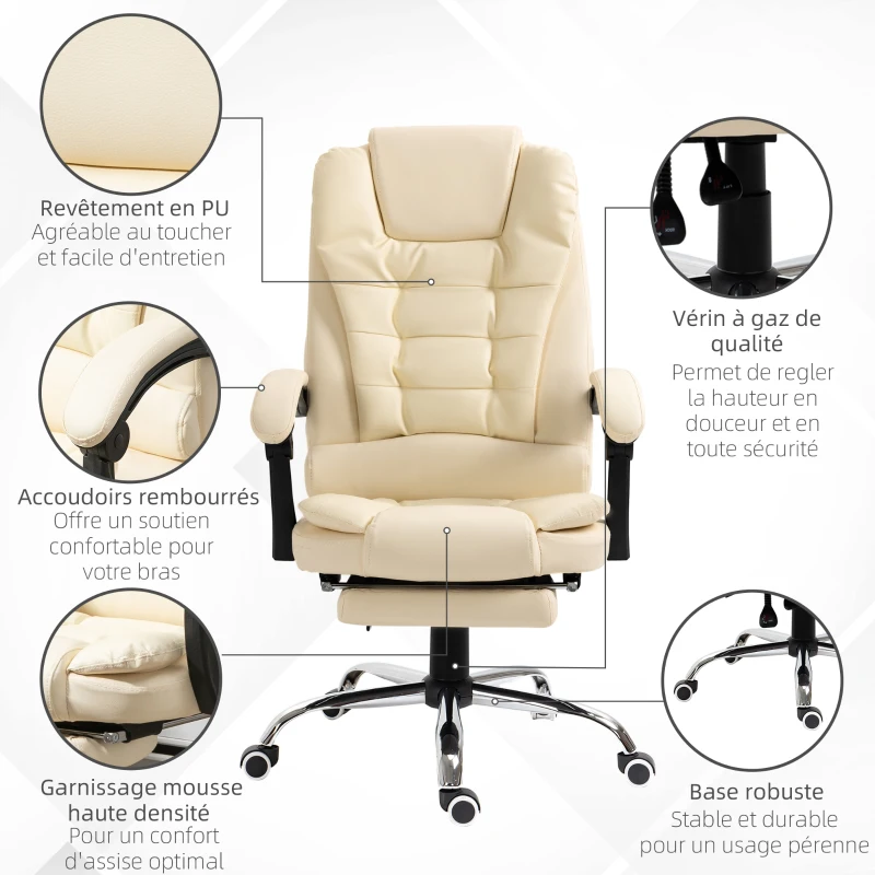 HOMCOM Fauteuil de bureau fauteuil manager grand confort dossier inclinable roulettes P.U 64,5 x 69 x 117 cm crème