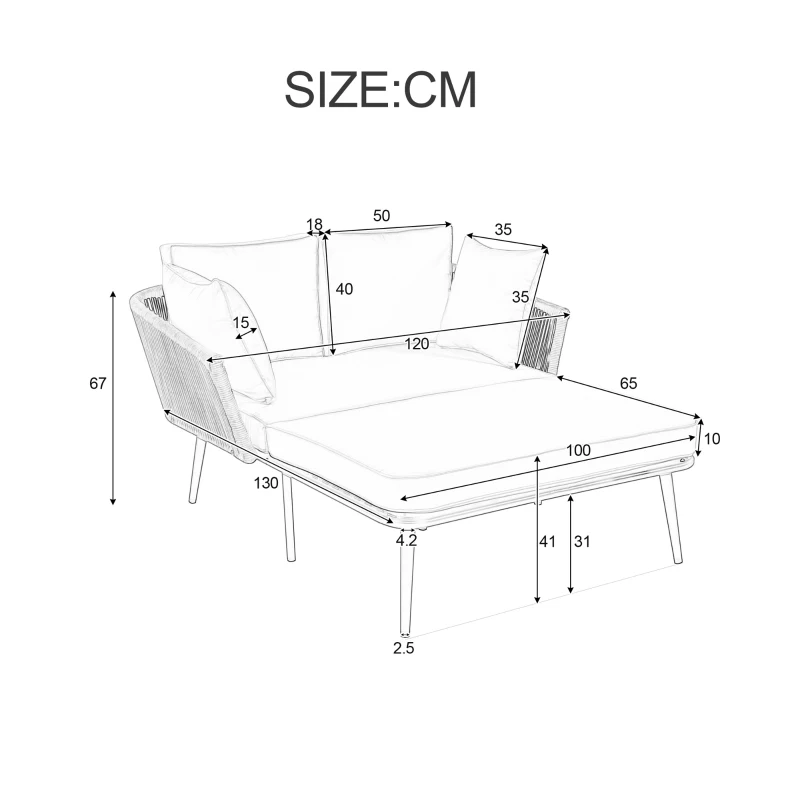 Ensemble salon de jardin modulable avec canapé, 2 fauteuils et chaise longue d'extérieur, coussins amovibles et lavables, Gris