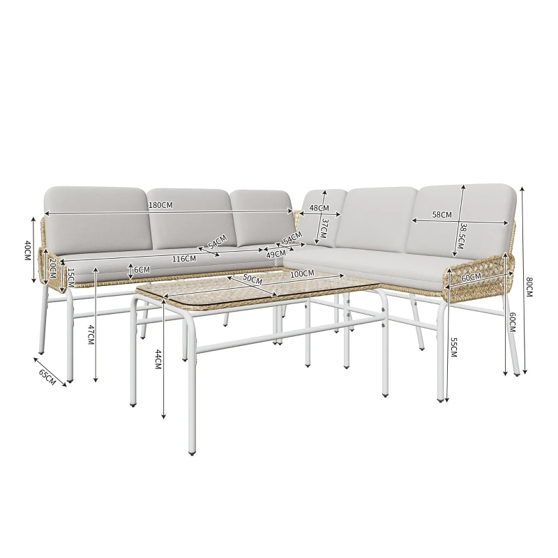 Ensemble de Salon de Jardin en Résine Tressée pour 4-5 Personnes avec Canapé d'Angle, Table Basse en Verre Trempé et Coussins, Gris Clair + naturel