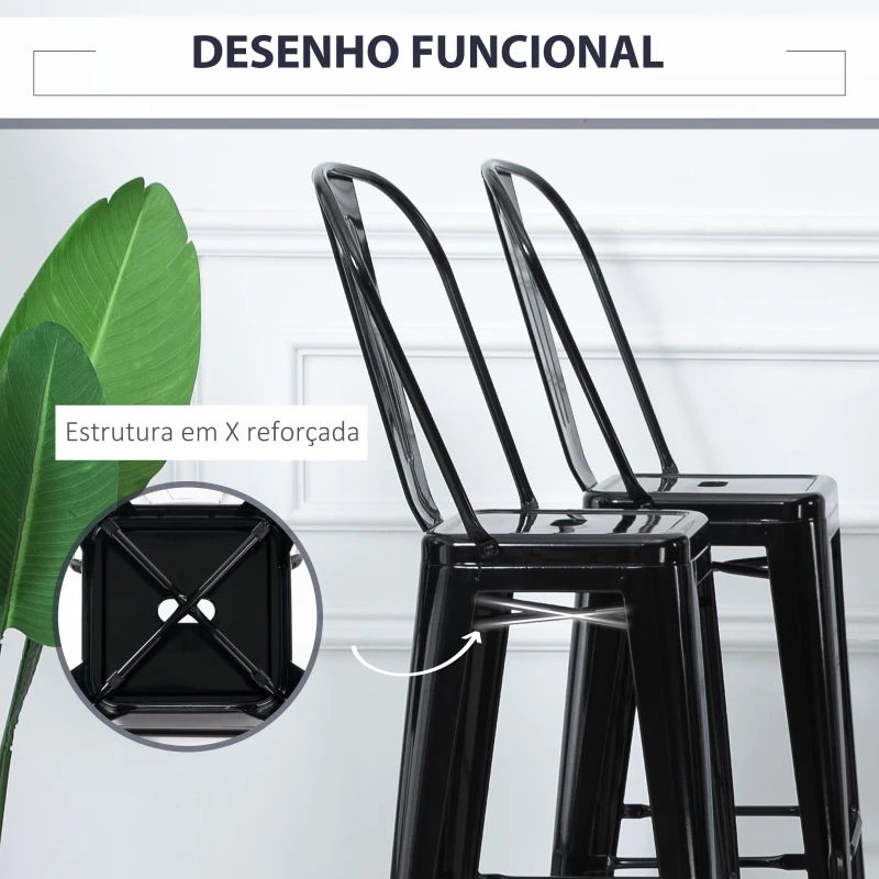 HOMCOM Conjunto de 4 Bancos Altos de Metal com Encosto Alto e Apoio para os Pés Carga 120kg 44x49x116cm Preto
