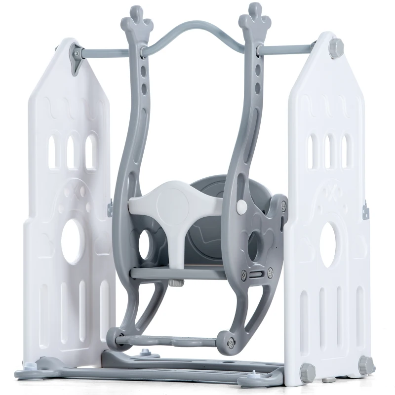 Parc pour enfants 160x160x77 cm, 14 panneaux, barrière de sécurité en plastique avec porte, panneau de jouets, panier de basket, balançoire, Gris