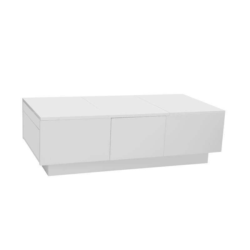 Table basse relevable blanc brillant avec structure de rangement pousser-tirer et double tiroir, Blanc(m-10)