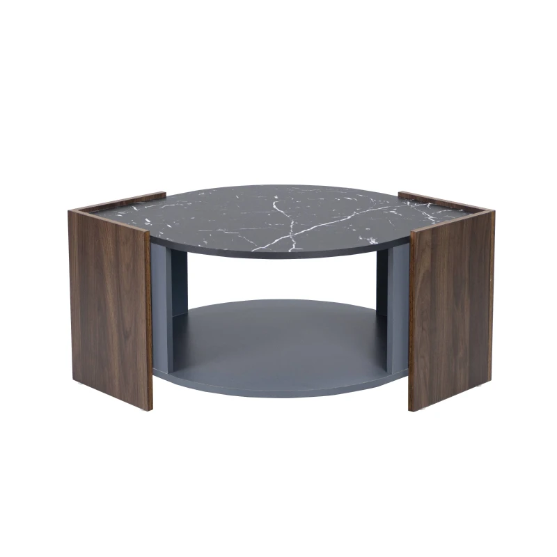 Table basse en marbre et noyer avec des lignes uniques, design élégant, en solde, Noir et bois