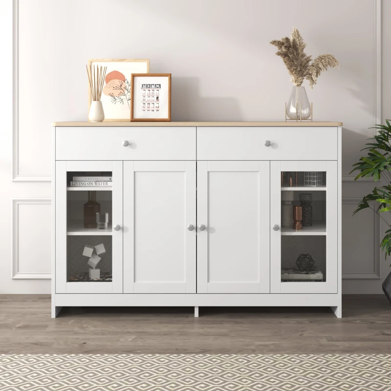 Buffet de style campagnard, casier avec 4 portes et 2 tiroirs, pour le salon et la salle à manger, 120 x 37 x 80 cm, Naturel + Blanc