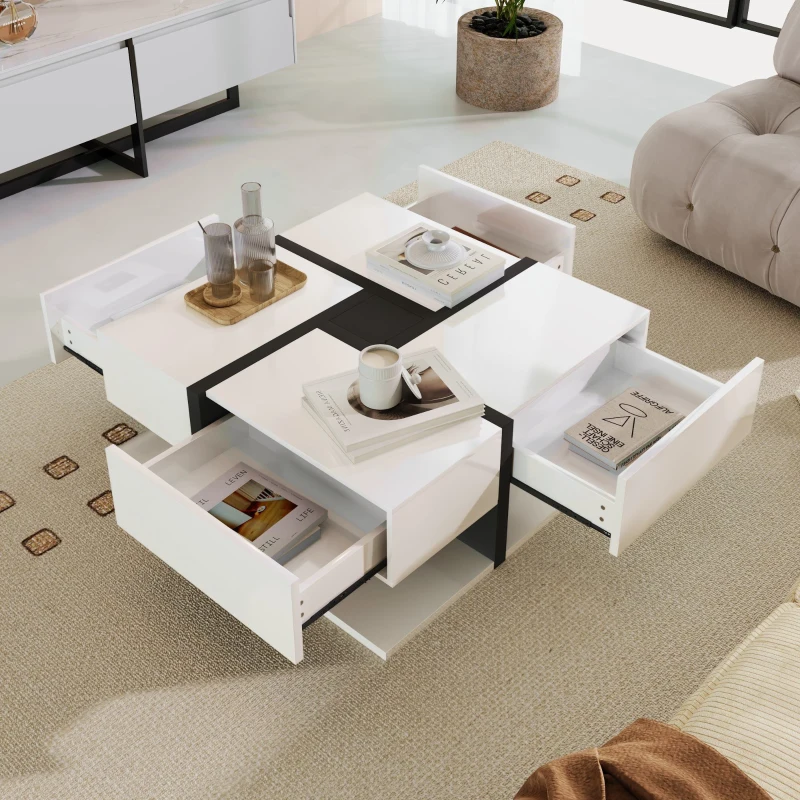 Table basse carrée avec plateau relevable, 4 tiroirs et espace de rangement inférieur, design unique de lignes, Blanc