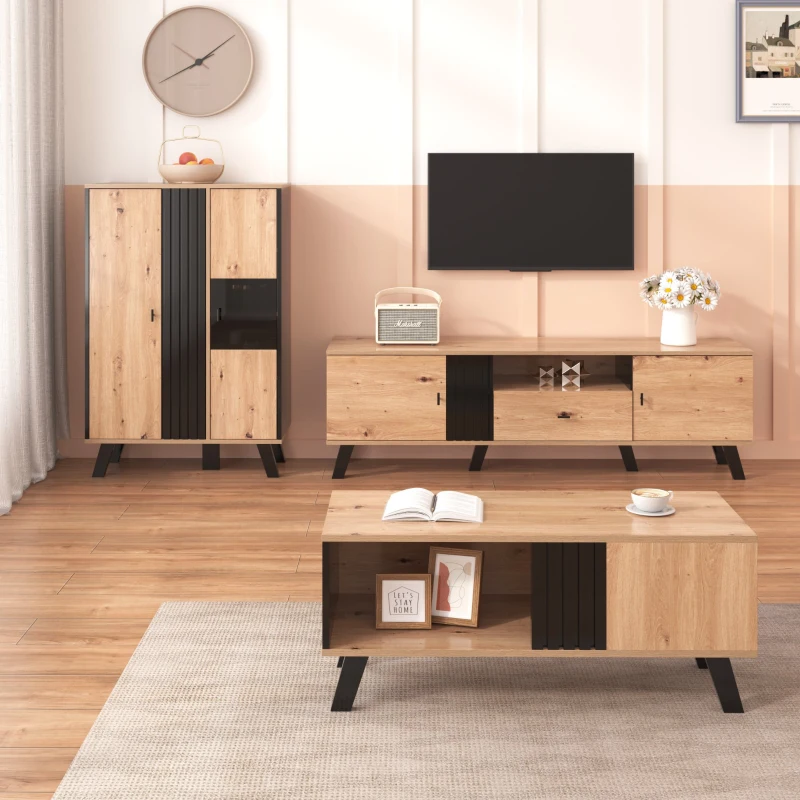 Meuble TV mobile de 170 cm en bois, buffet avec tiroirs, espace de rangement, design exclusif, à roulettes, Naturel