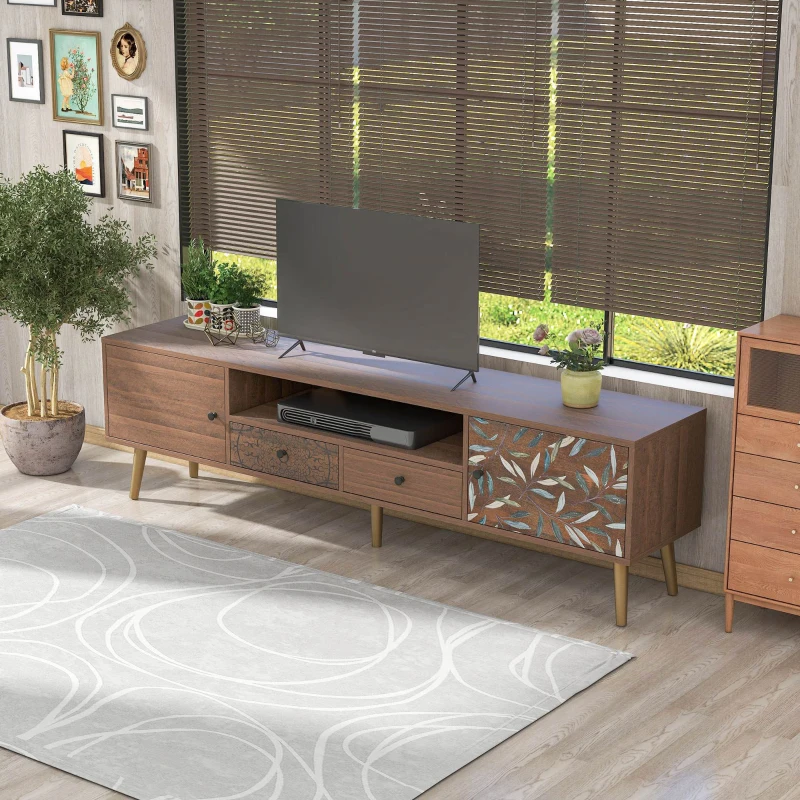 Meuble TV Vintage mobile avec 2 portes, 2 tiroirs et étagère de rangement, style Country, Naturel