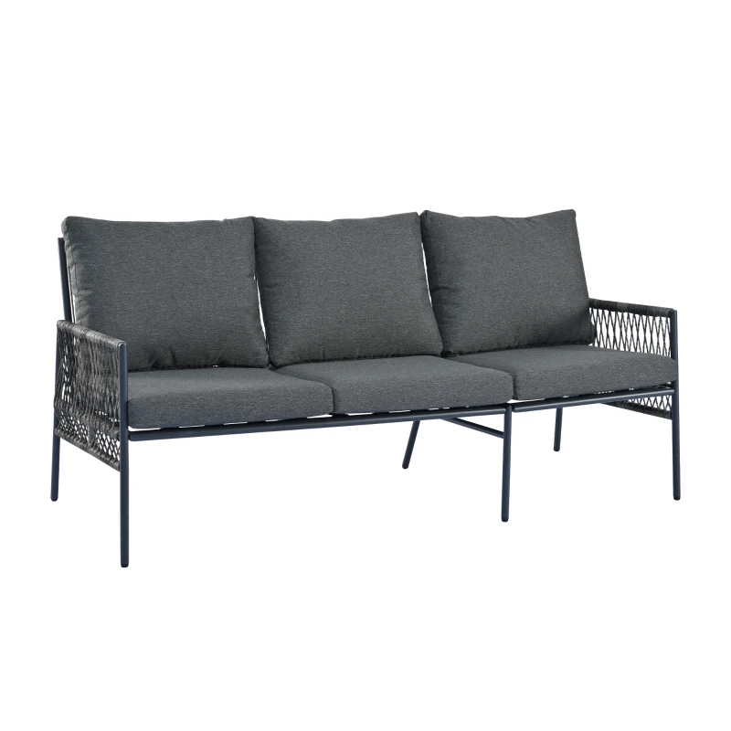 Set mobilier de grădină 7 locuri din PE-ratan și oțel zincat, măsuță cu blat din sticlă temperată cu efect lemn, perne lavabile, Gri